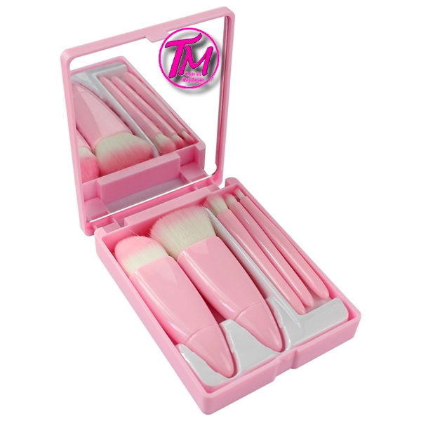 kit 5 pincel de maquiagem estojo rosa aberto espelho pequenos