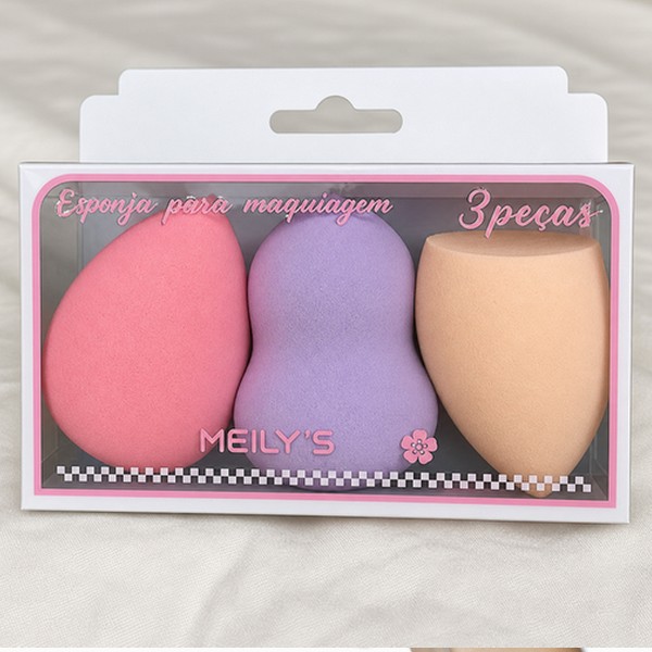 kit 3 esponjas de maquiagem 1 gota, 1 chanfrada e 1 pera meily's