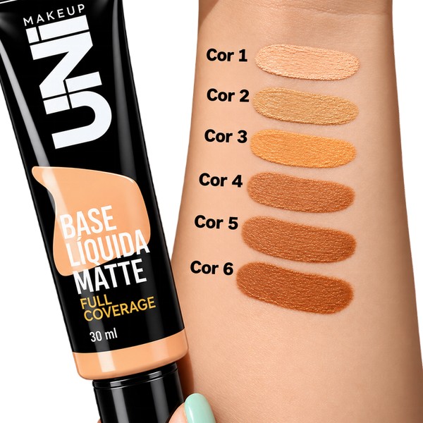 base líquida matte full coverage uni makeup cor 06 alta cobertura à prova d'água